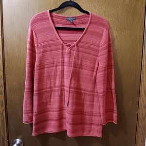 LRL Lauren Jeans Co. Ralph Lauren Top XL‎ Red Cotton Knit Lace Up Long Sleeve